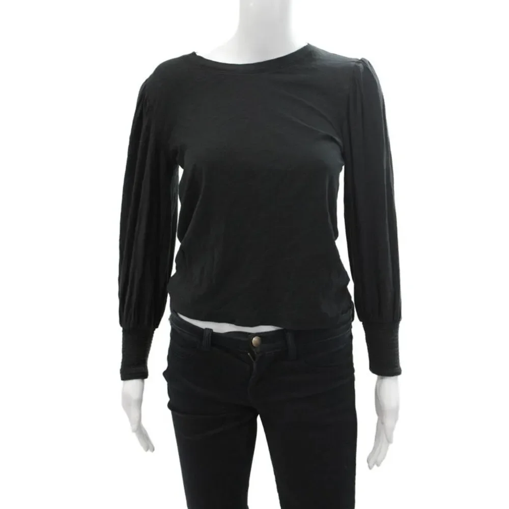 Nation LTD Womens Cotton Crew Neck Puff Sleeve Blouse Top Black Size XS - Picture 1 of 6